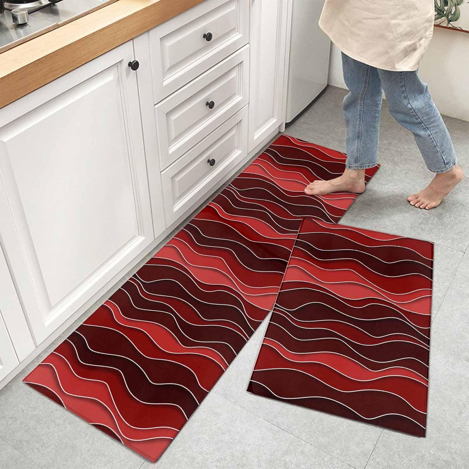 Kitchen Mats for Floor Burgundy Red Gradient Water Ripples Washable Non Slip Kitchen Rugs 2PCS, Abstract Geometric Absorbent Standing Mats for Sink Bathroom Office Living Room 15.7x23.6in+15.7x47.2in