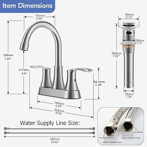 Miniatura 6 de Phiestina TY36-BN TY36-BN - Grifo de lavabo de baño de níquel cepillado de 4 pulgadas, 2 o 3 agujeros, giratorio de 2 manijas, con línea de