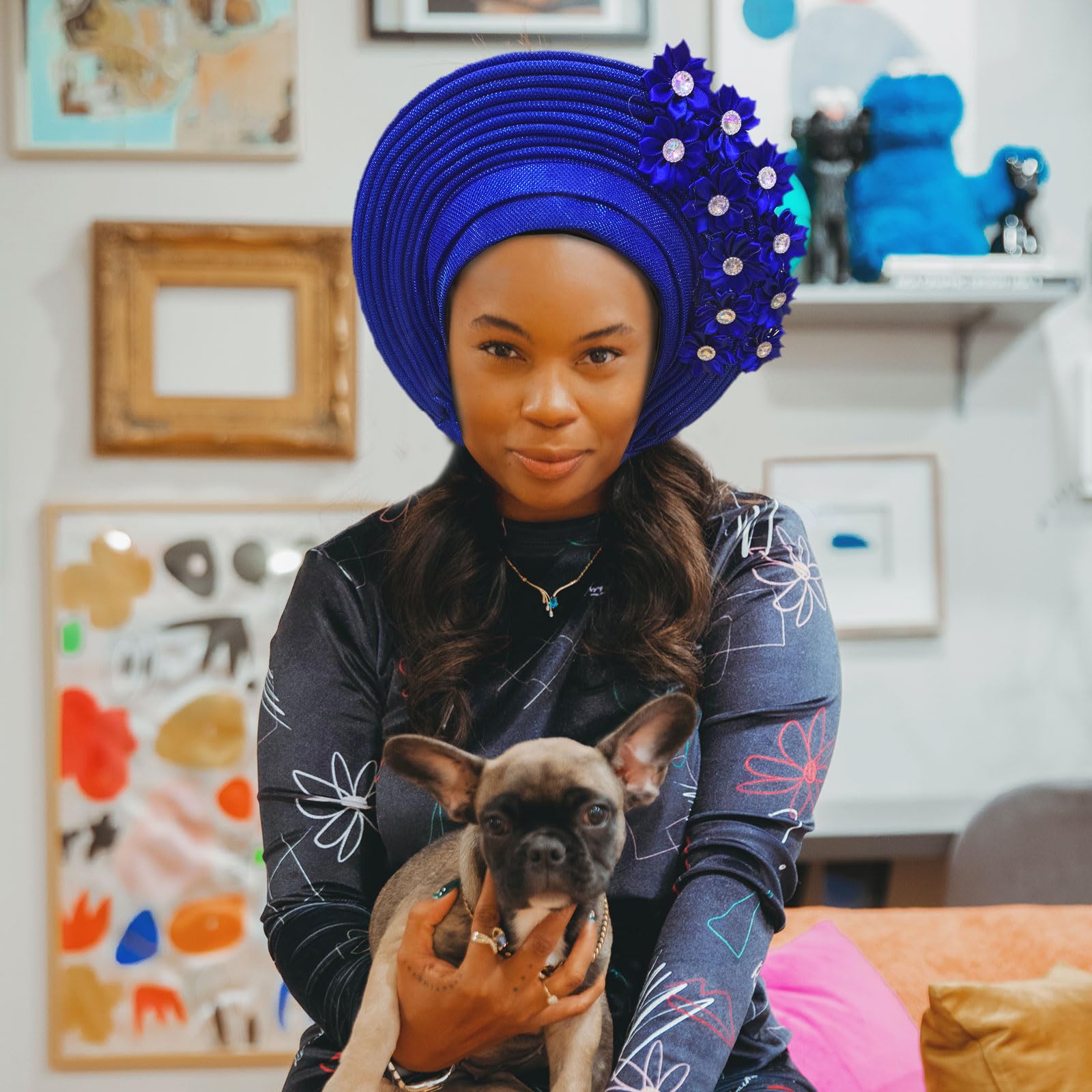 Nigerian Gele Fashion Headties For Women Head,African Head Wrap Beaded Lace Already Made Auto African Headtie For Party (Royal Blue)