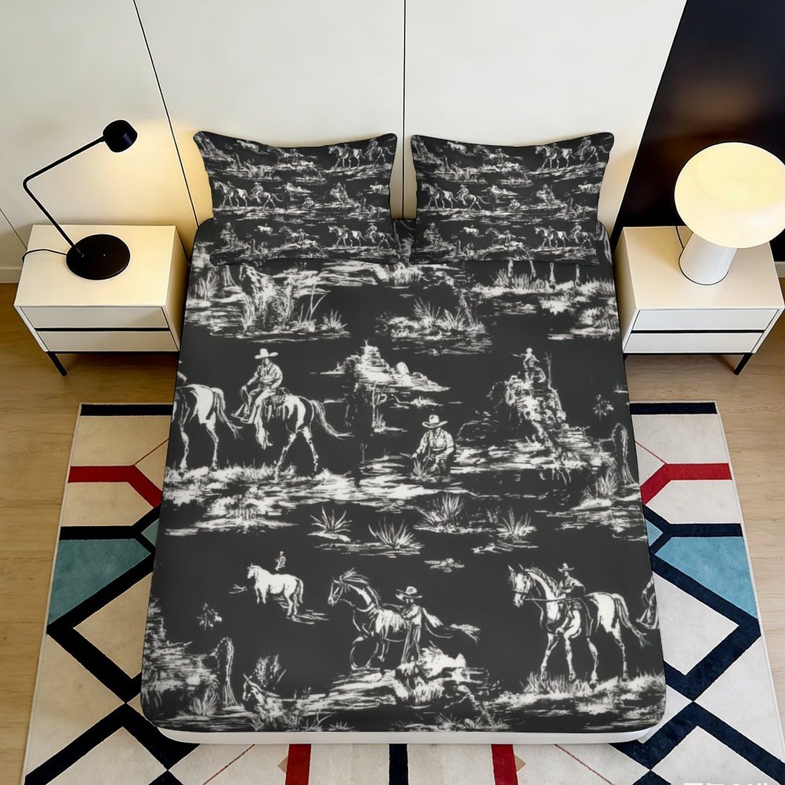 3D Printed Western Cowboy Scene Fitted Sheet Microfiber Black White Horse Ranch Mattress Cover for Bedroom Dorm Decor 200x200x25cm