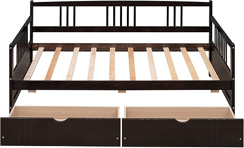 Miniatura 4 de P PURLOVE Sofá cama de madera con rieles, cama individual, listones de madera que soportan la vida moderna (individual con cajones, color espresso)