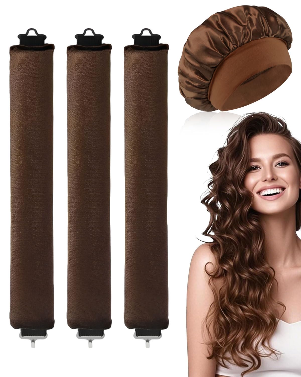 3Pcs Bigodini Senza Calore con 1 Cuffia di Seta,Bigodini Morbidi per Dormire,Heatless Curls,Hair Curler,Ferro Arricciacapelli Senza Calore,Velluto Fascia Morbida per Tutti Tipi Capelli,Marrone