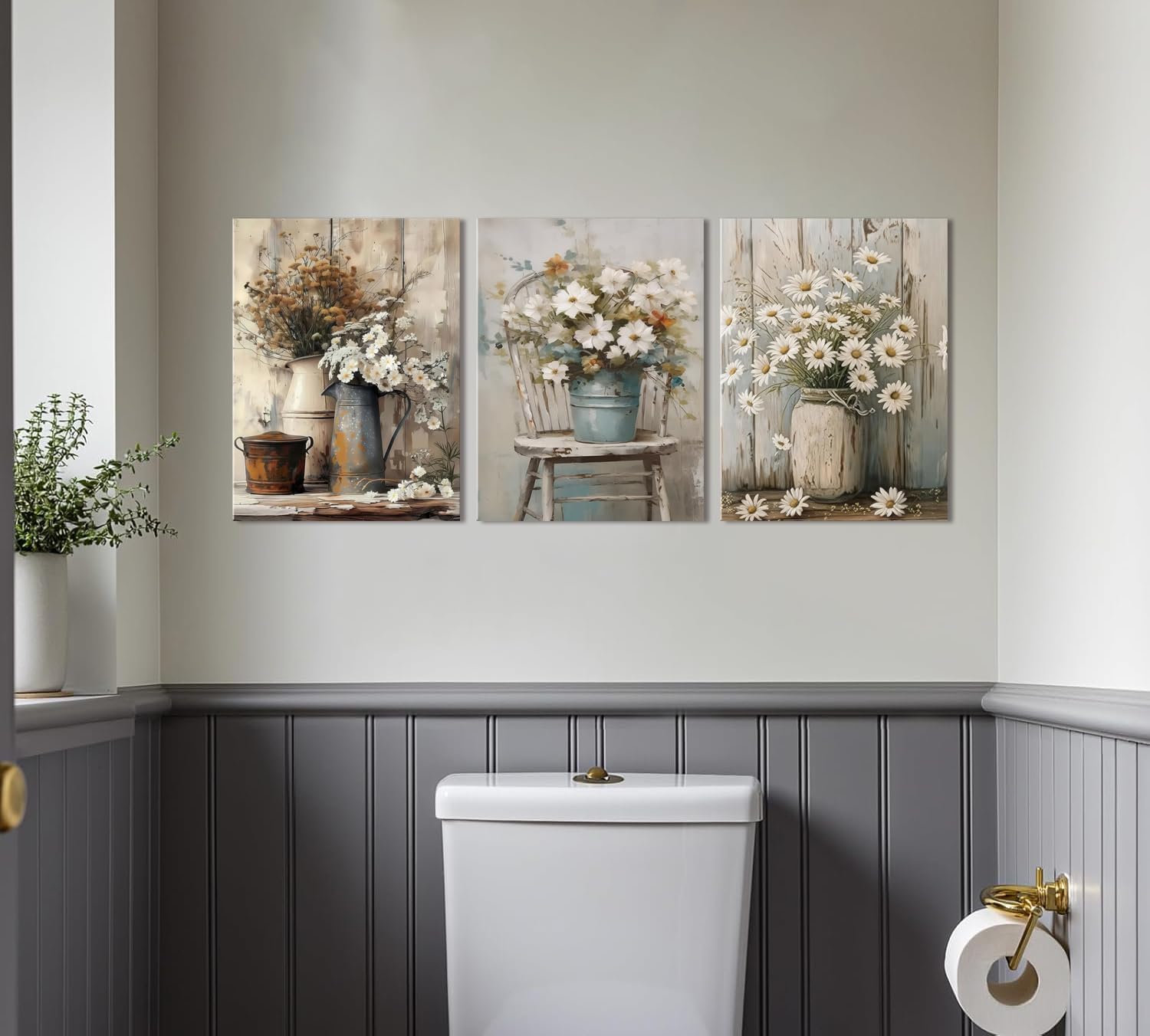 Rustic Farmhouse Floral Daisy Canvas Wall Art Set of 3 Vintage Country Flower Posters Wall Decor Wood Grain Paintings Print Rustic Decor Artwork for Bathroom Living Room Bedroom 12x16 In Framed