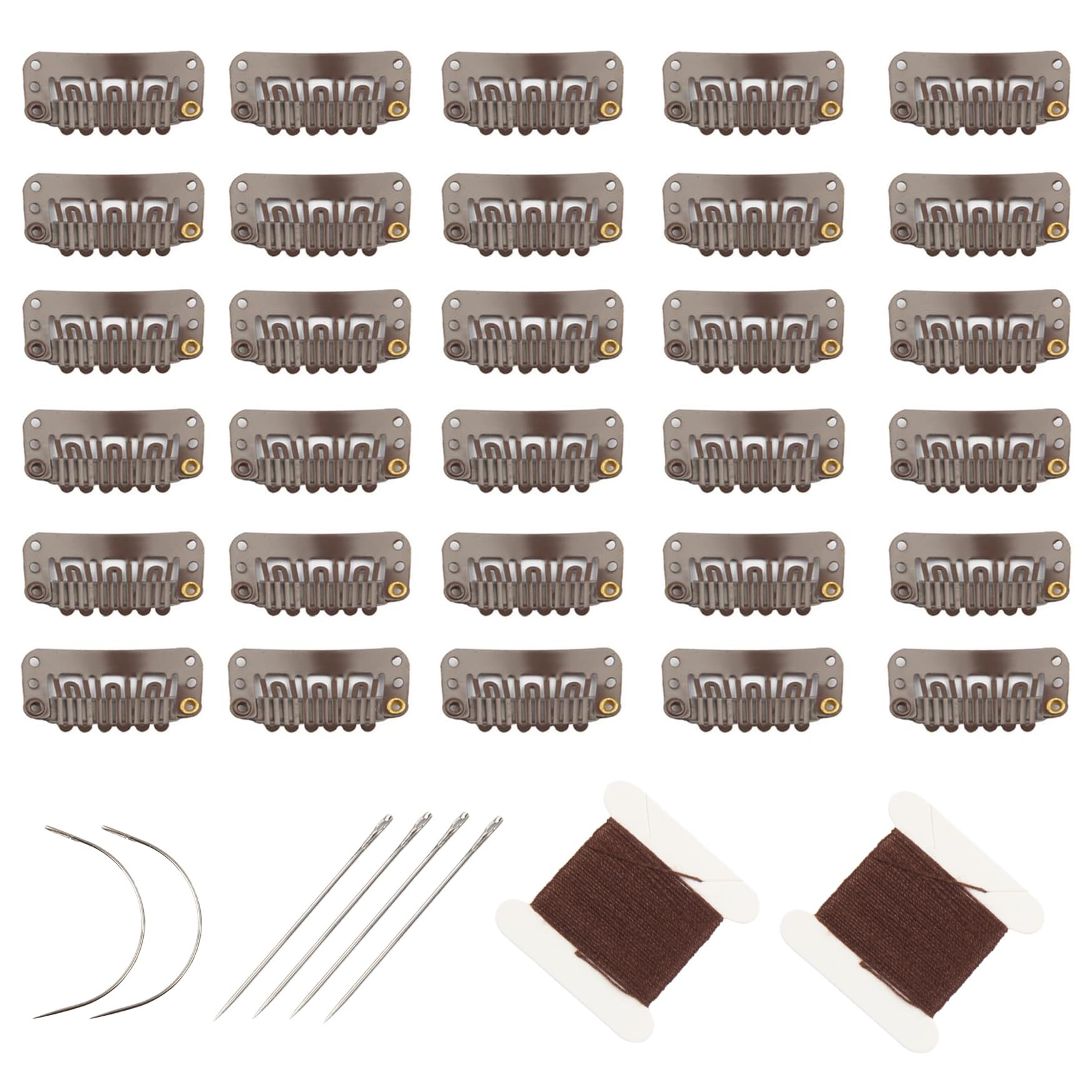 30pcs Hair Extension Clips U-Shape Stainless Steel Snap Clips for Wigs and Hair Extensions and Hairpieces, 6pcs Sewing Needles and 2pcs Thread (Dark