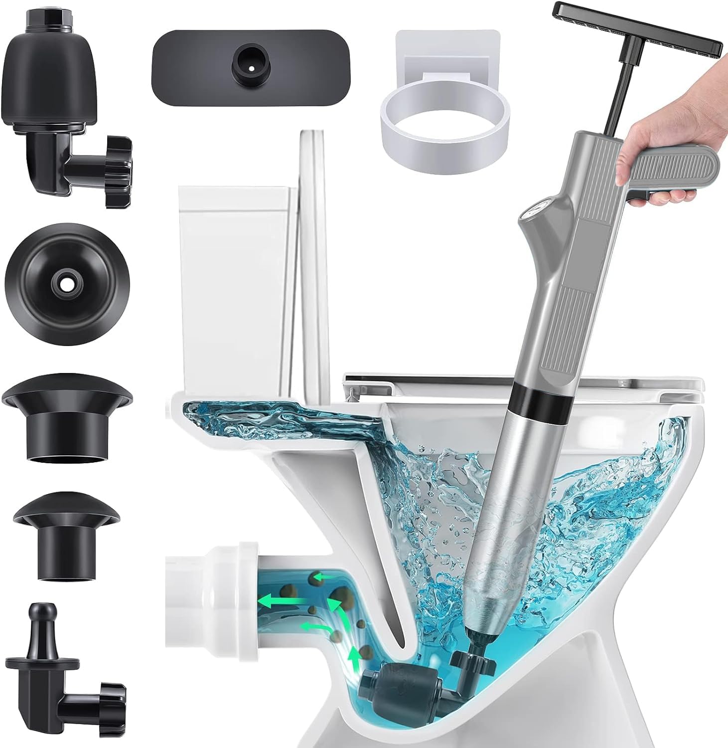 Toilet Plunger, 9 in 1 Air Plunger for Toilet, High Pressure Air Drain Blaster with Visual Barometer & Detachable Assembly Heads, Heavy Duty Toilet Unclogger Plungers for Bathroom, Kitchen, Toilet