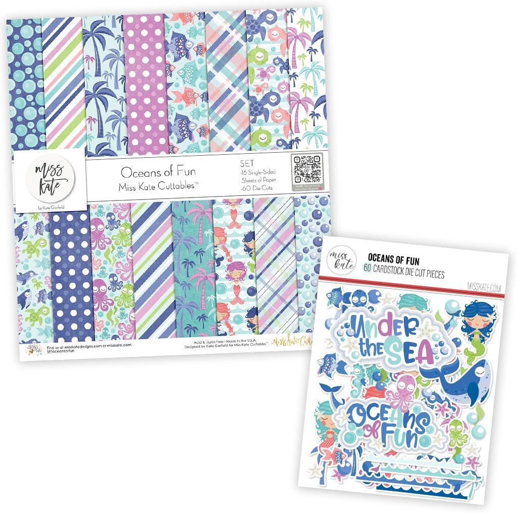 Die Cuts & Paper Set - Oceans of Fun - by Miss Kate Cuttables - 16 Single - Sided 12"x12" Premium Specialty Paper Sheets & Over 60 Coordinating Die Cuts