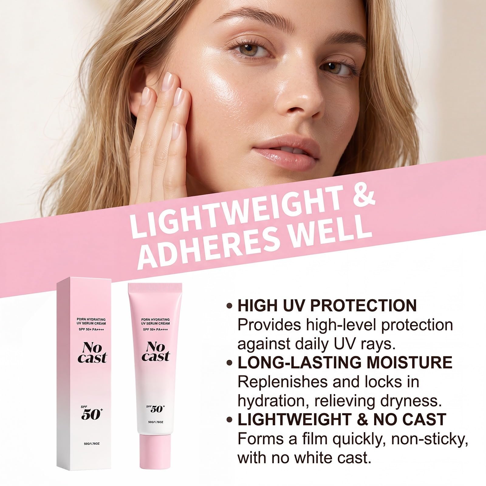 Crème Solaire Hydratante PDRN No Cast SPF50+ PA++++, Fluide Solaire Visage Non Grasant sans Effet Blanc, Protection UVA/UVB Longue Durée, Crème Solaire Légère Hydratante pour Peaux Sensibles, 50g