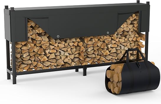 WALMANN Heavy-Duty 8 ft Firewood Rack with Waterproof Cover & Firewood Carry Bag, Outdoor Indoor Wood Log Holder for Fireplace, Patio & Porch, Sturdy Steel Fire Wood Storage Stand
