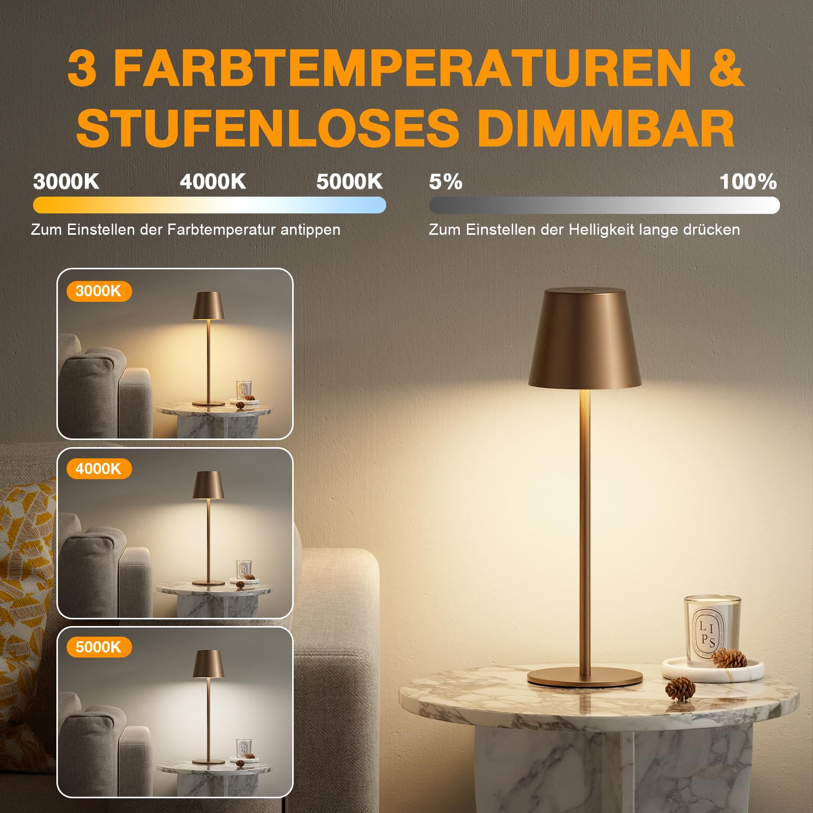 2 lampade da tavolo senza fili, a LED, dimmerabili, touch con 3 temperature di colore, per esterni, USB-C, ricaricabile, per comodino, tavolo da pranzo, campeggio (marrone)