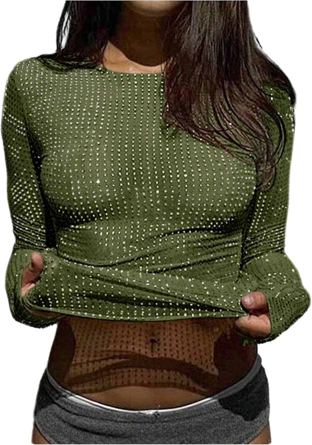 SOLY HUX Women's Rhinestone Sheer T Shirt Crew Neck Long Sleeve Sparkly Going Out Tops