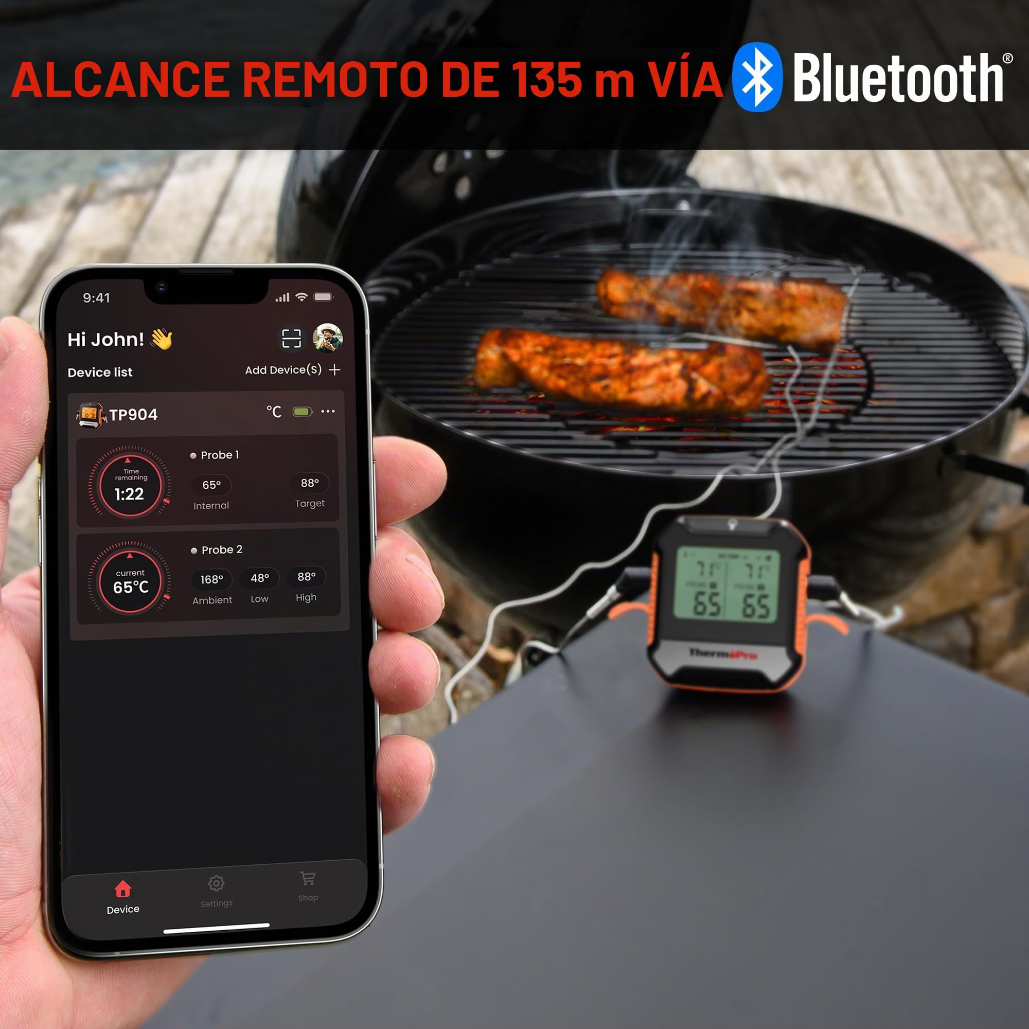 ThermoPro TempPro TP904 Termómetro Digital Para Carne, Control Remoto Bluetooth Termómetro de Cocina Recargable con Aplicación Inteligente, Sondas de Temperatura Duales Aptas Para Alimentos Para Horno