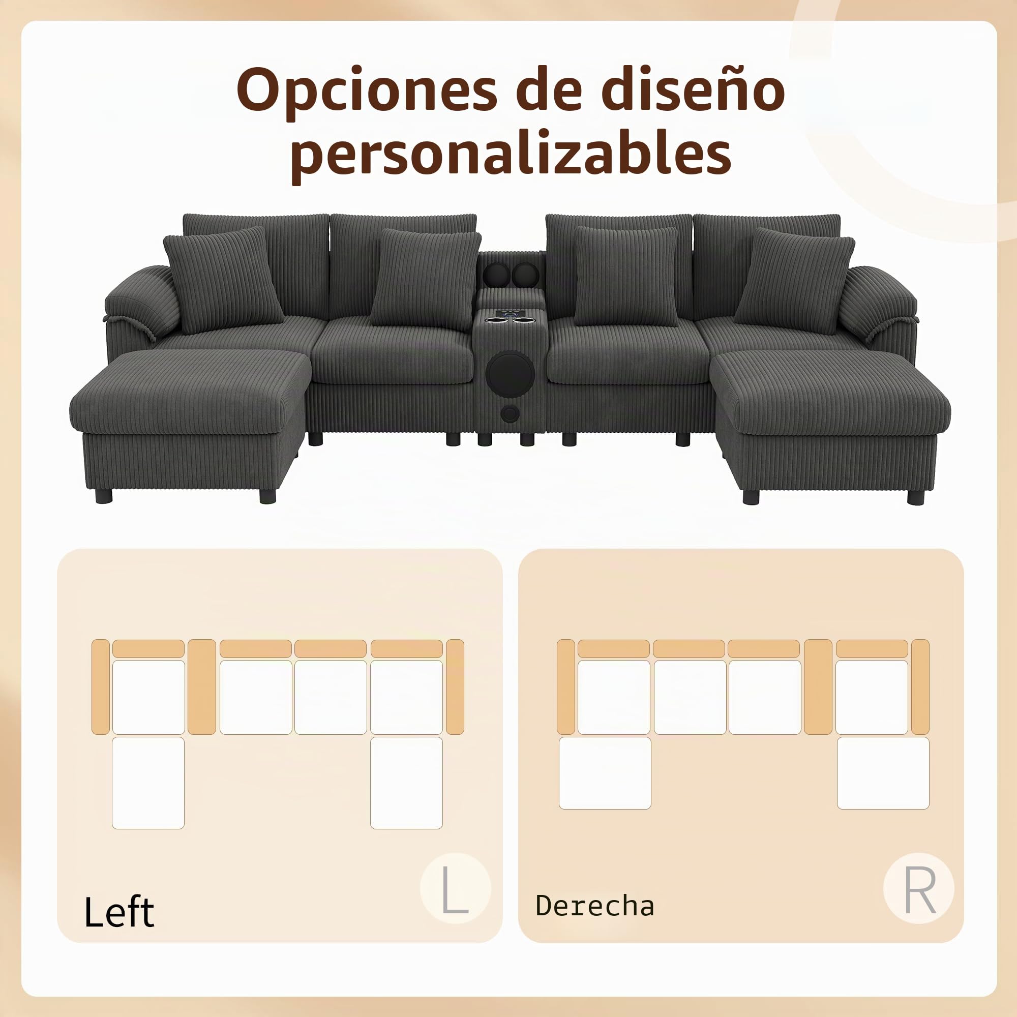 Sofá Convertible de 4 plazas en U con USB C (carga inalámbrica) y altavoz Bluetooth, sofá esquinero de pana con 2 reposapiés y 2 portavasos, sofá modular al salón Appt, gris