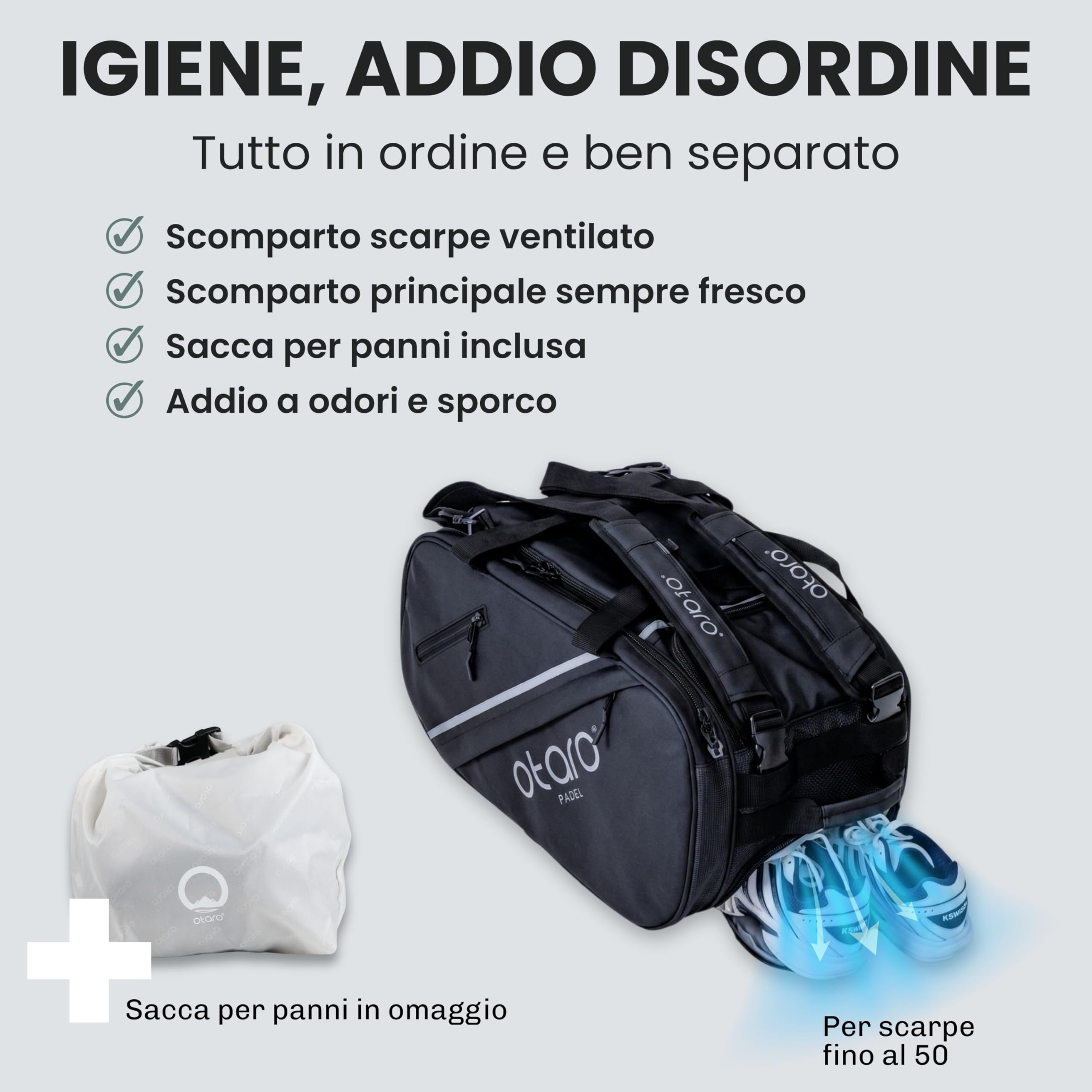 Otaro Borsa Padel 60L | Zaino con porta scarpe, vano termico e laptop | Custodia racchetta padel per 2 racchette, vestiti e accessori | Sistema di trasporto 4 in 1 | Borsa padel uomo e donna (Nero)