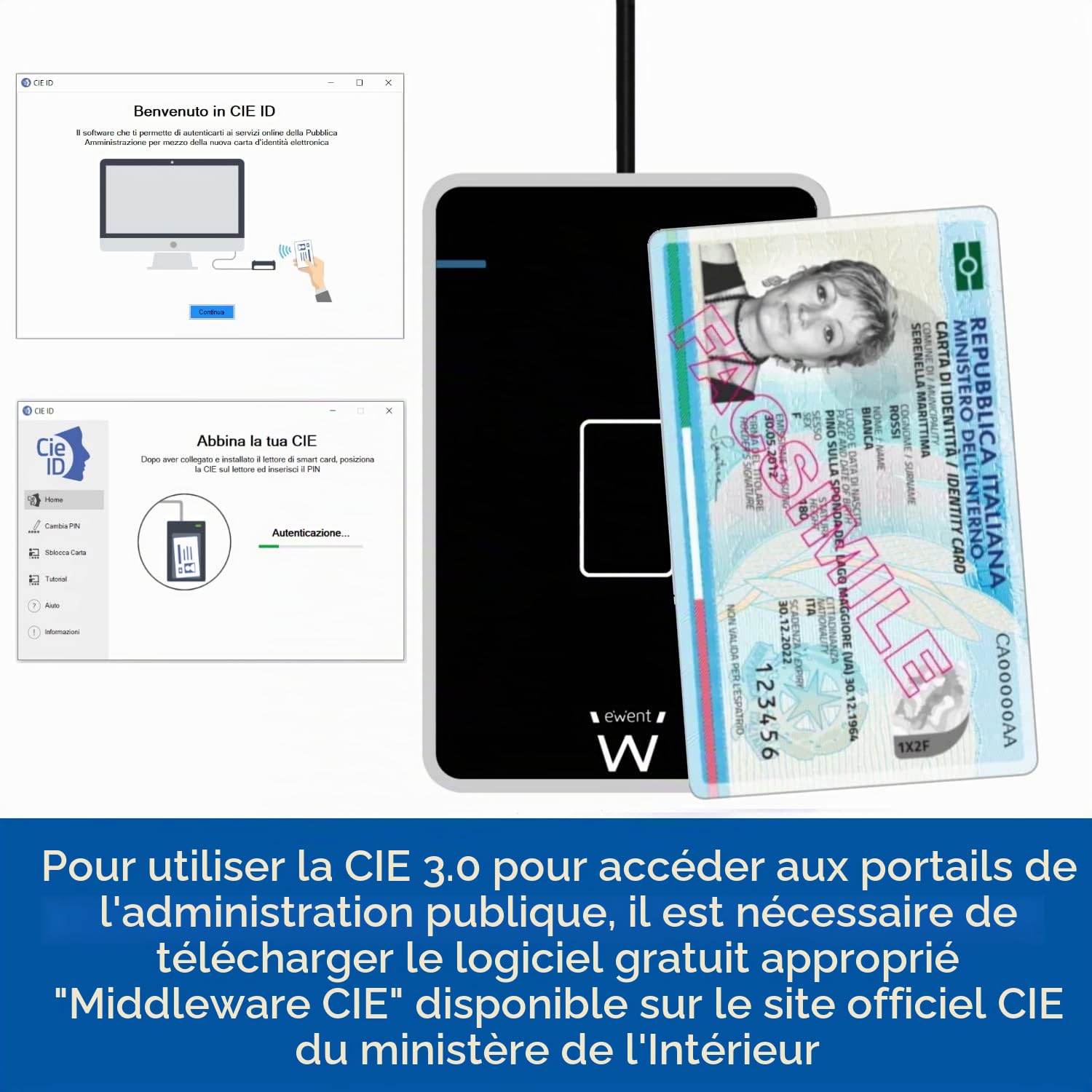 Ewent EW1053 Lecteur RFID et NFC pour Carte d'identité électronique CIE 3.0 pour accéder à ANPR, INPS, INAIL, Agence de revenus et Sites de P.A. - Couleur Noire