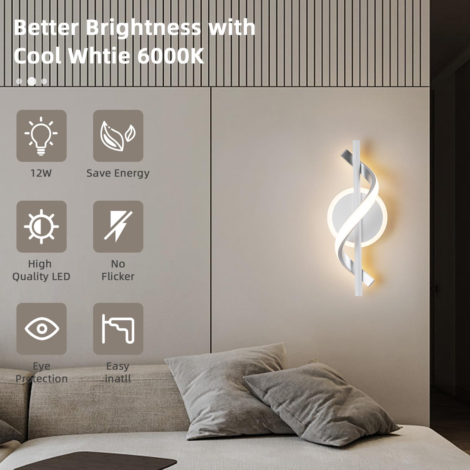 EIDISUNY 12W Modern LED Wall Sconce – Spiral Black Design, 6000K Cool White, For Stairs, Living Room, Bedroom
