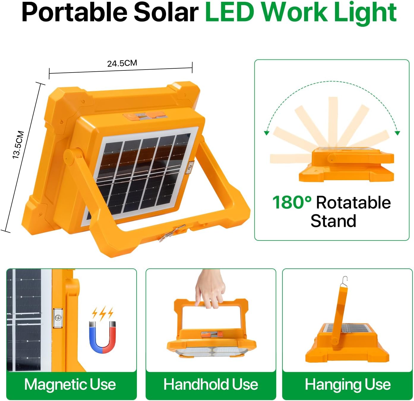 Portable LED Work Solar Light - Kifflux 300W Rechargeable LED Solar Work Light, Magnetic Worklight with IP66 Waterproof, Portable Solar Power Outdoor Working Light for Emergency Camping(2 Pack) - Image 5
