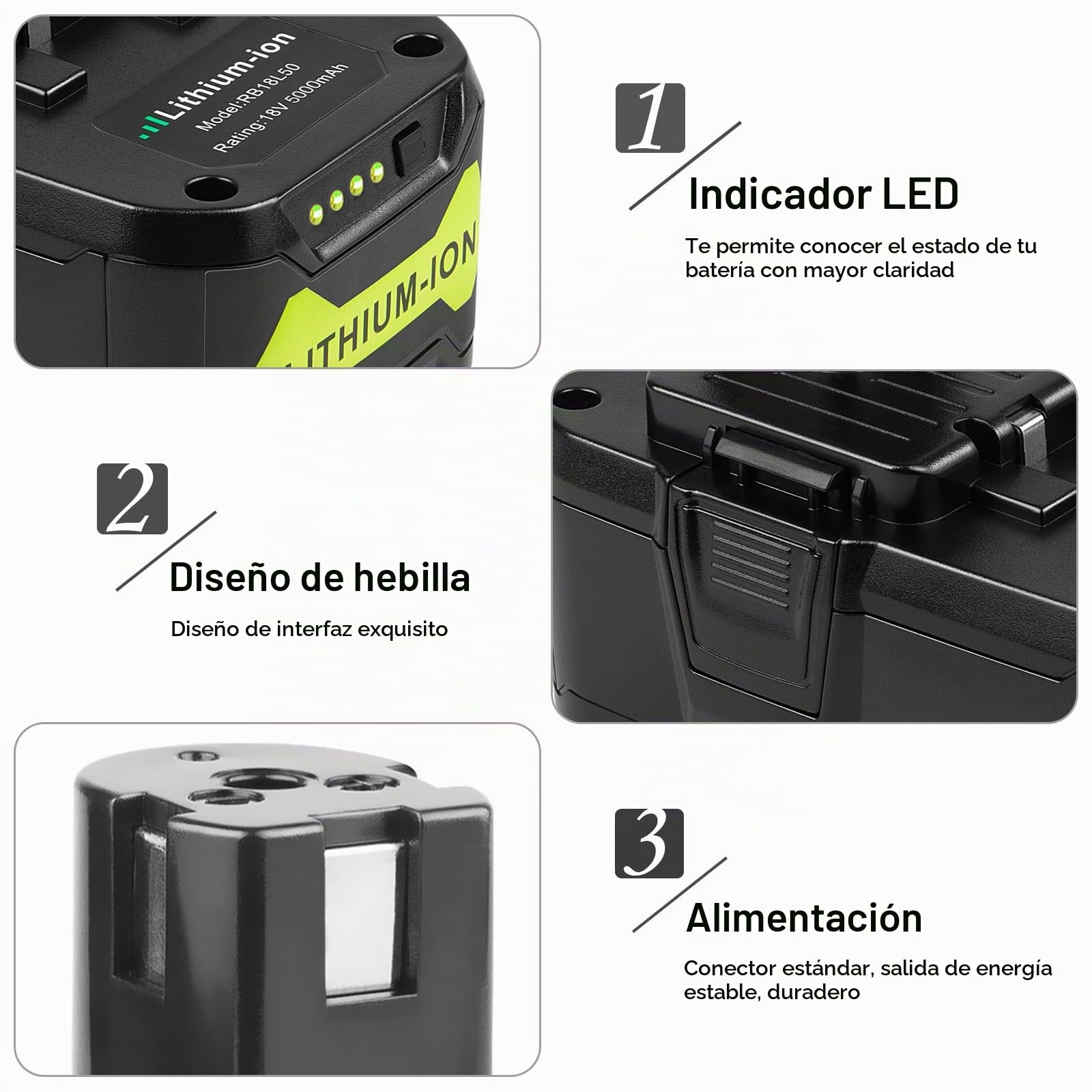 LabTEC RB18L50 - Batería de repuesto para Ryobi (18 V, 5 Ah, 2 paquetes con cargador de doble puerto USB para P117, 12 V, 18 V, One Plus, P107, P108, RB18L15, RB18L40)