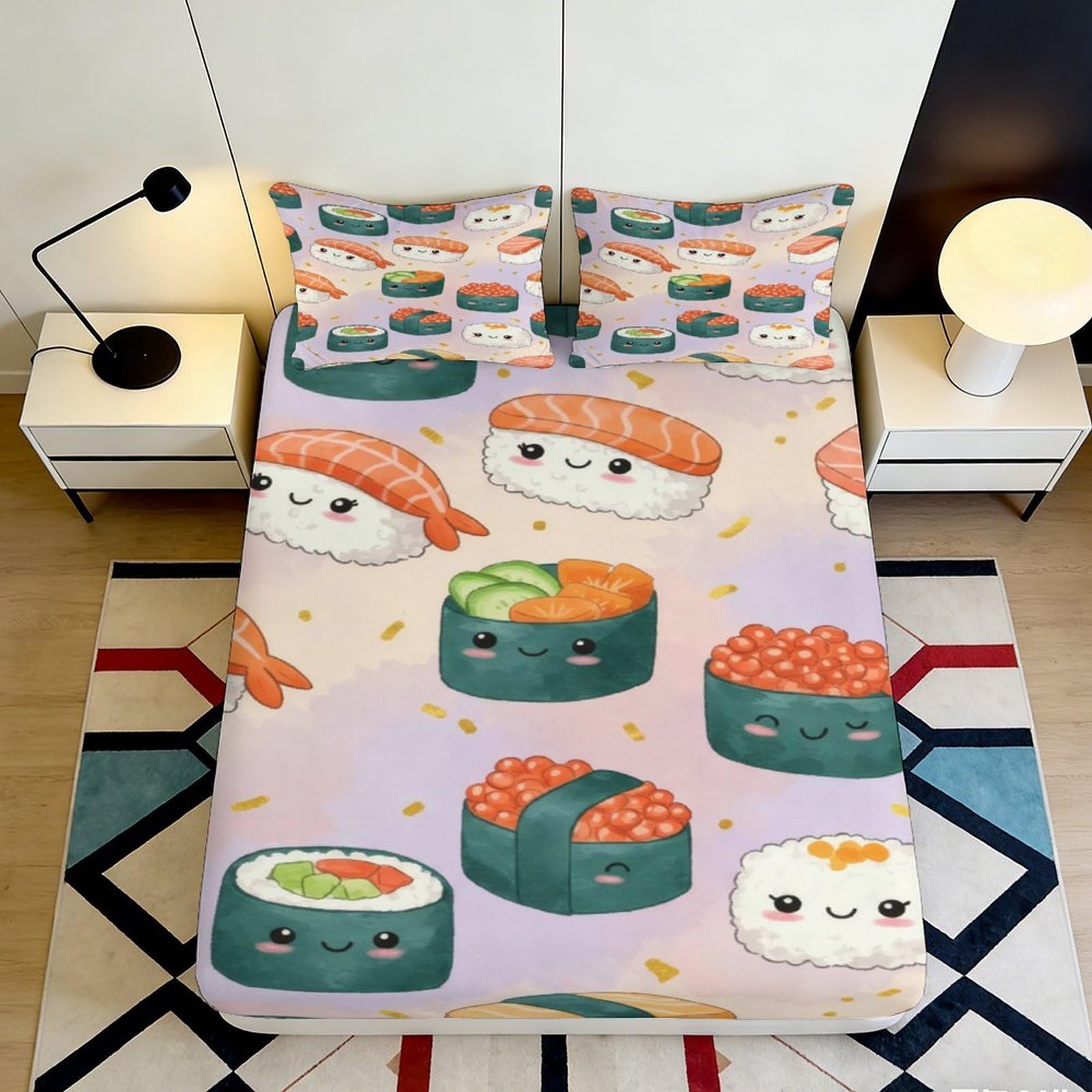 Zfldkwgb Style-8 3D Printed Sushi Cartoon Fitted Sheet Microfiber Soft Breathable Kawaii Nigiri Mattress Cover Bedroom Decor 90X200x25cm
