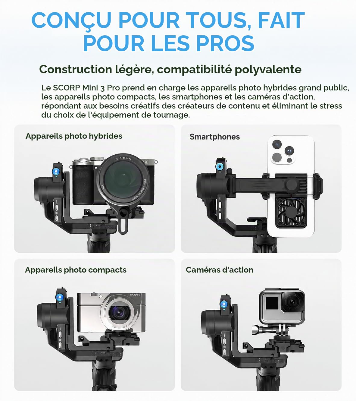 FeiyuTech SCORP Mini 3 Pro Kit stabilisateur de caméra à 3 axes, IA intégrée, portable tout-en-un pour appareil photo sans miroir, caméra d'action, téléphone, charge utile 2 kg