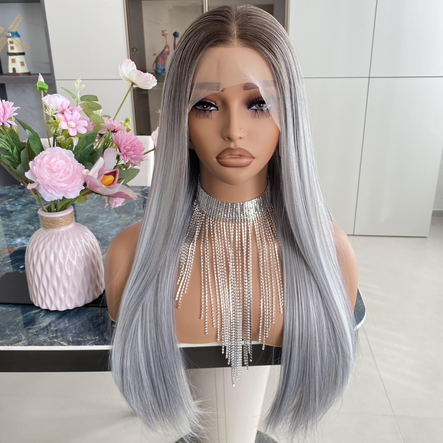 Carkira Grey Wig with Platinum Blonde Highlight 13x4 Gray Lace Front Wigs Ombre Dark Root Color Long Silk Straight Silver Synthetic Fiber 22Inch for