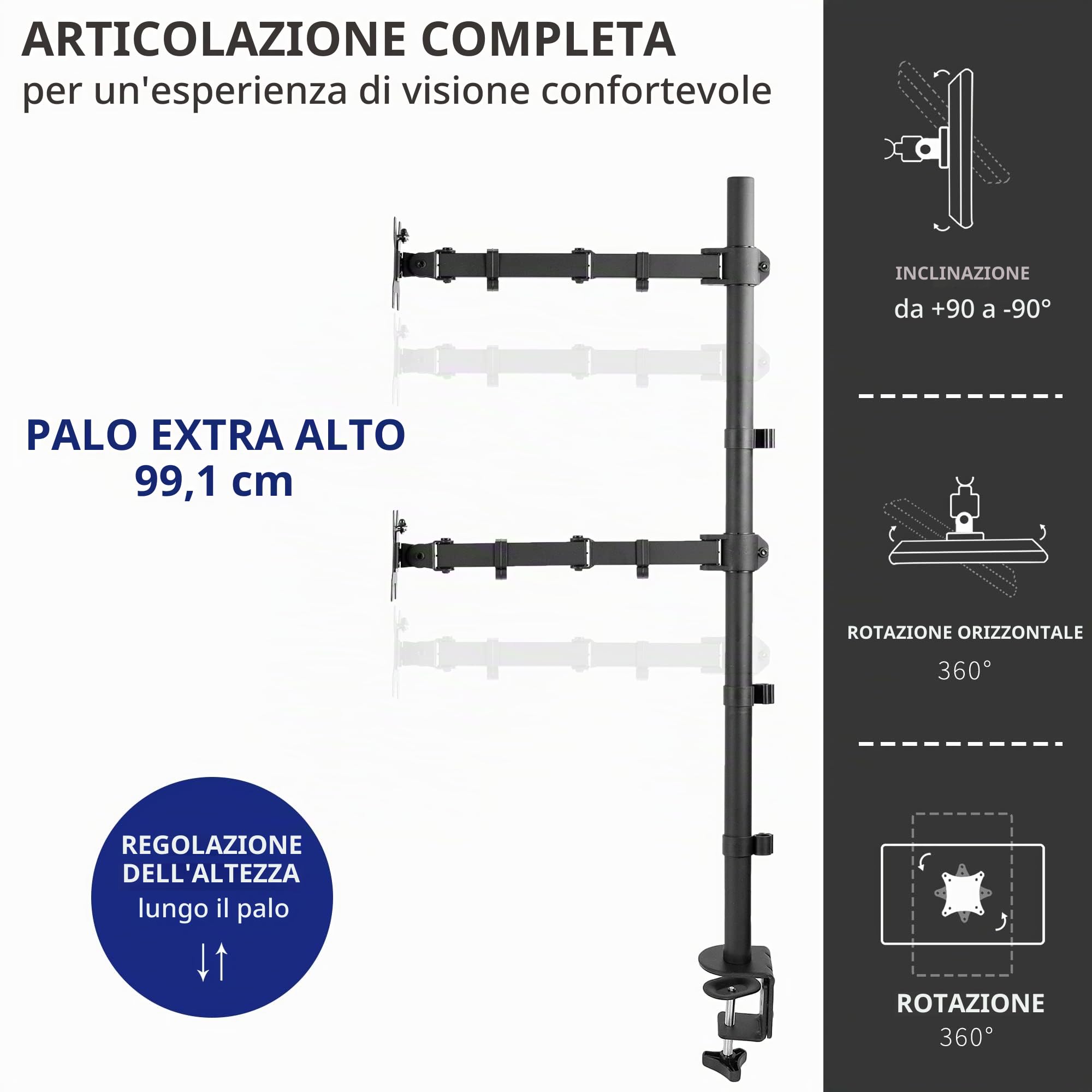 VIVO STAND-V012T - Supporto da scrivania per doppio monitor con asta verticale da 99 cm, bracci estesi completamente regolabili, per 2 schermi fino a 27"