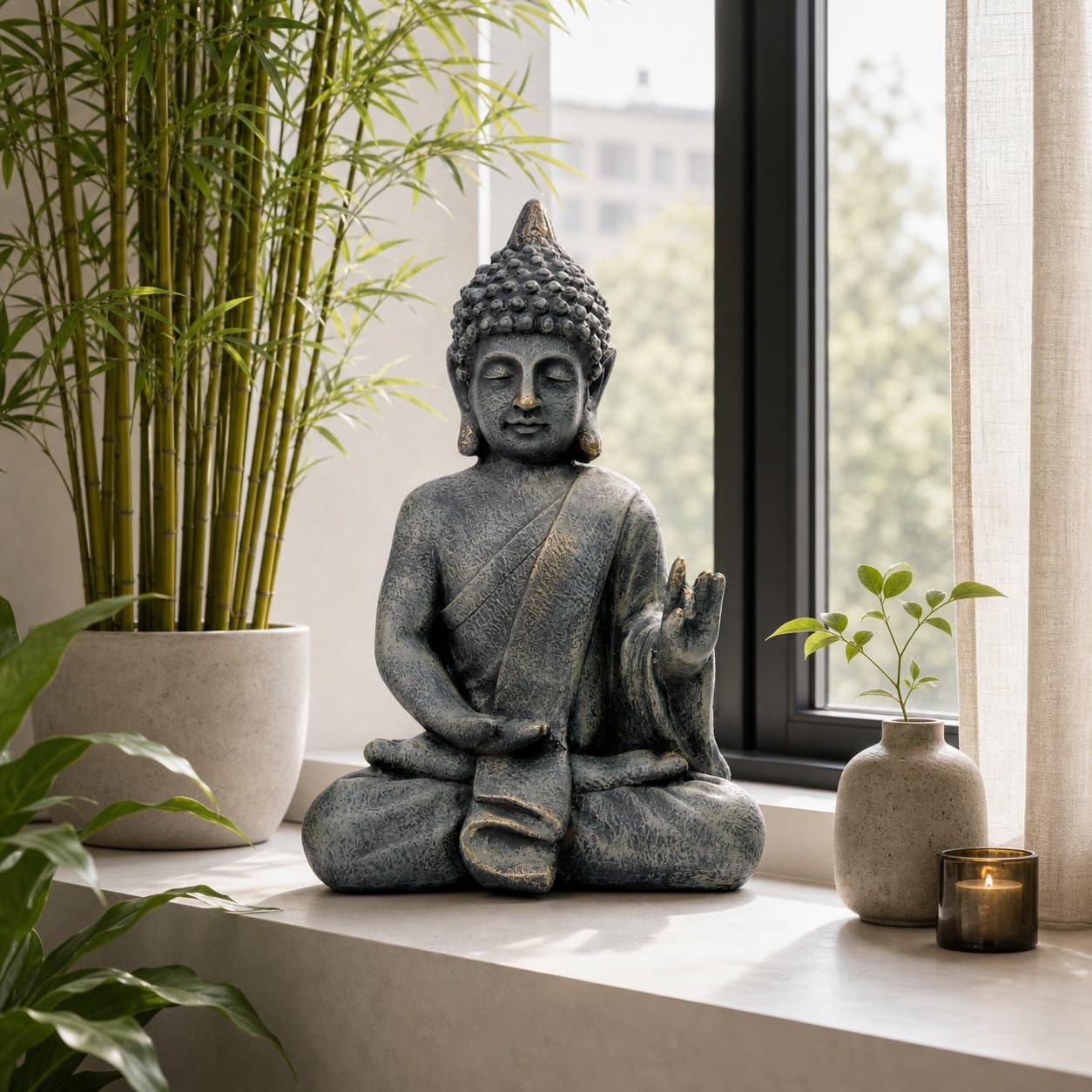 Buddha Figur Groß 52cm Betend – Buddha Statue in Steinoptik – Deko Skulptur für Wohnzimmer Innen, Zen Feng Shui Dekofigur
