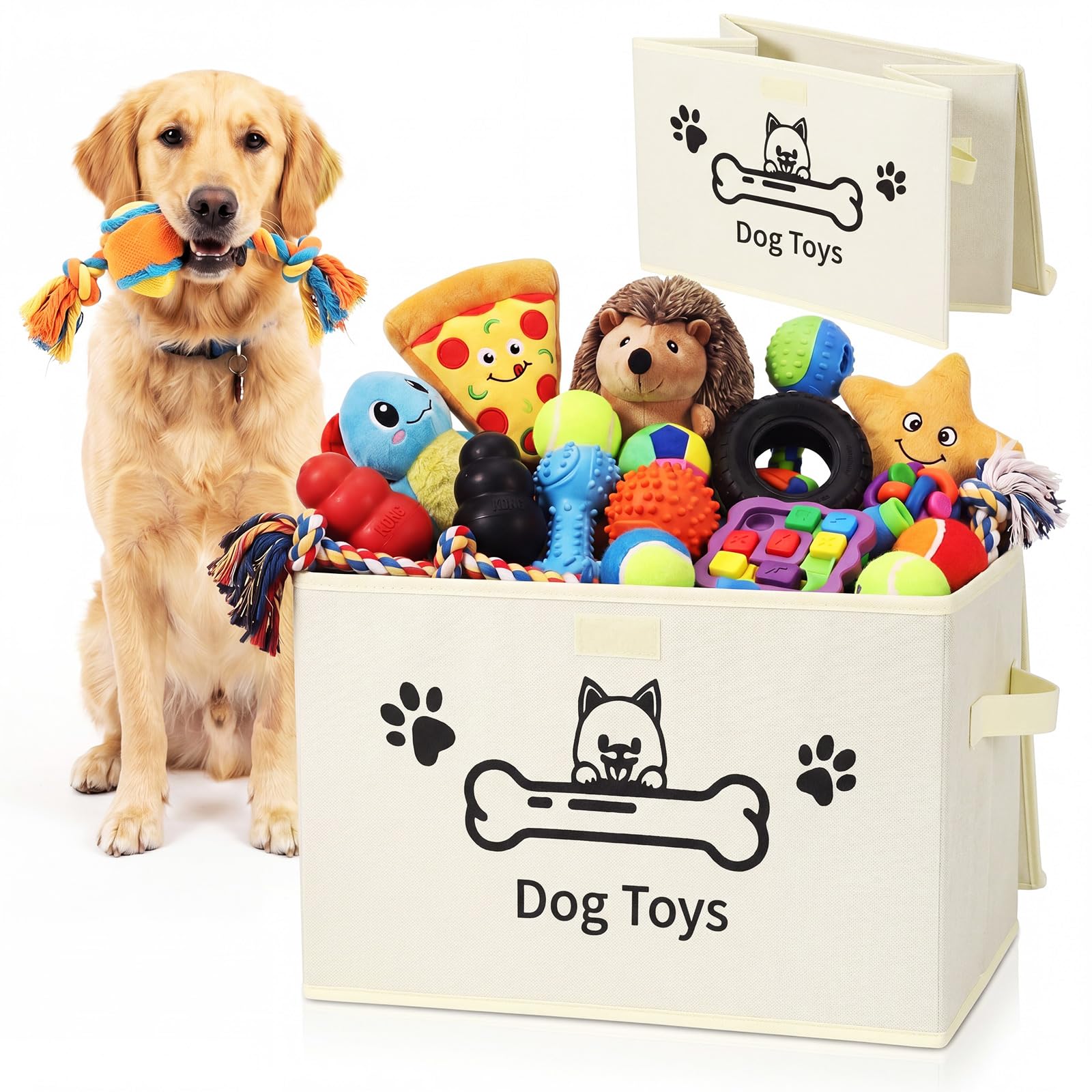 Dog Toy Storage Basket with Handle Collapsible Pet Toy Box Organizer, Beige