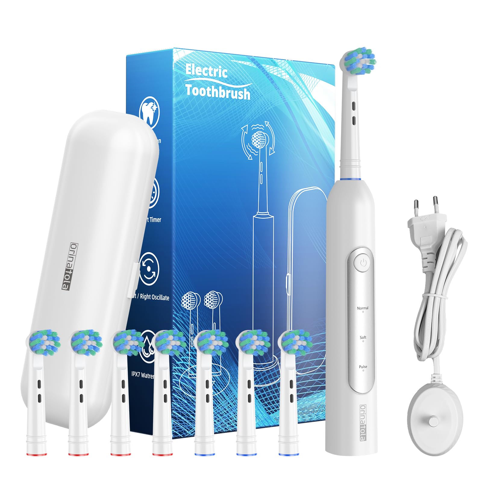 Electric Toothbrush - Spazzolino elettrico rotante, 3 modalità, con 4 testine rotonde, custodia da viaggio, timer intelligente da 2 minuti, bianco