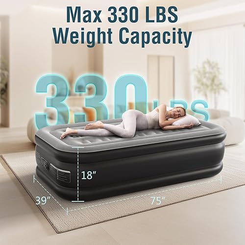 Miniatura 5 de Colchón de aire de 18 pulgadas, cama de aire individual con parte superior flocada suave y bolsa de transporte portátil, colchón de aire individual