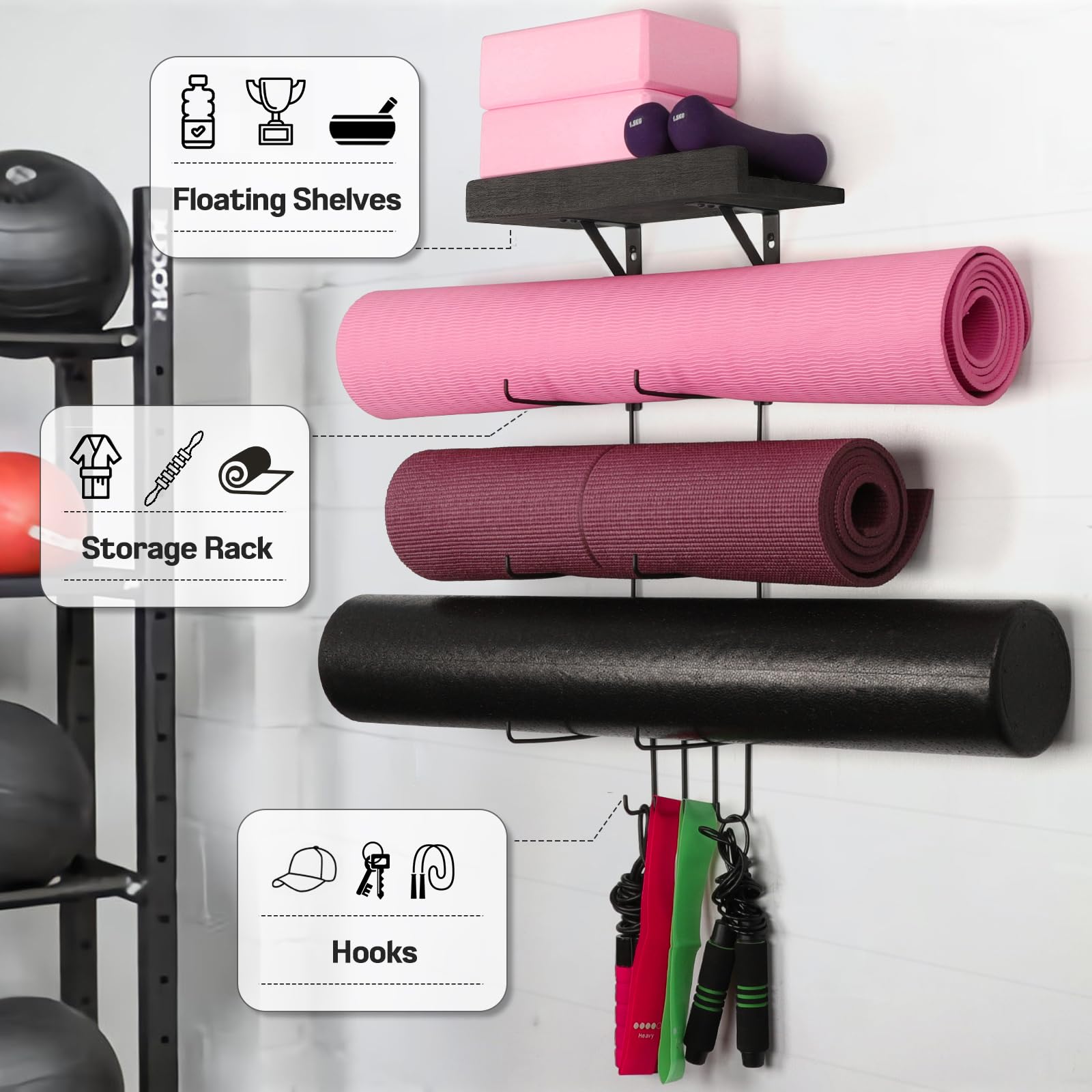 Bikoney Yogamattenhalter, Wandhalterung, Yogamatte, Aufbewahrung, Heim-Fitness-Zubehör mit schwebenden Holzregalen und 4 Haken zum Aufhängen von Schaumstoffrolle und Widerstandsbändern im Fitnesskurs