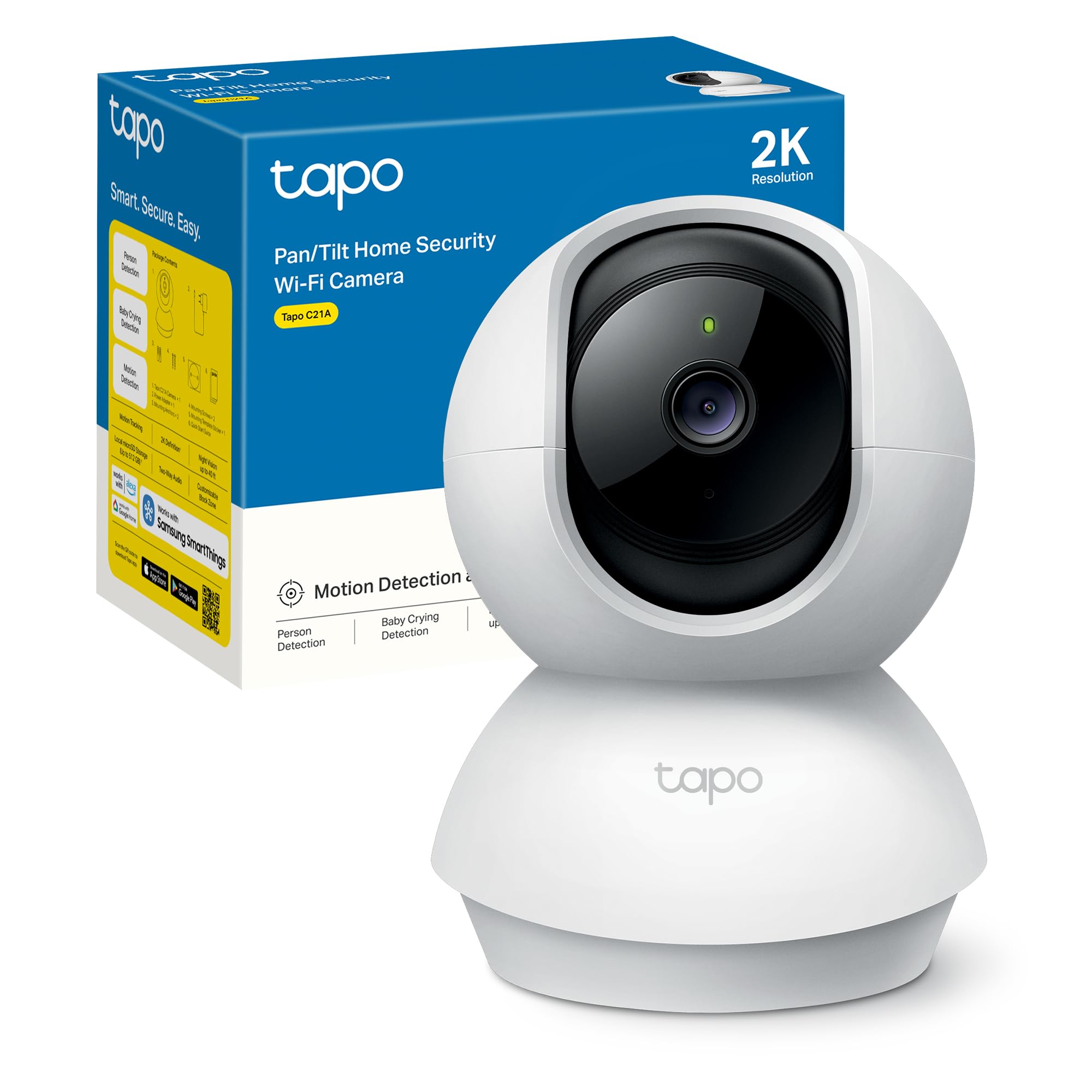 Tapo Telecamera Wi-Fi Interno 2K 3MP, Videocamera Sorveglianza, Visione Notturna, Rilevamento del Pianto del Bambino, Modalità Privacy, Storage su Cloud, MicroSD fino a 512GB, Alexa e Google, C21A
