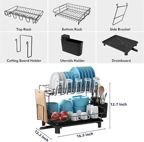 Miniatura 5 de Qienrrae Escurridor de platos para encimera de cocina, estante grande de acero inoxidable de 2 niveles con bandeja de drenaje automático, escurridor