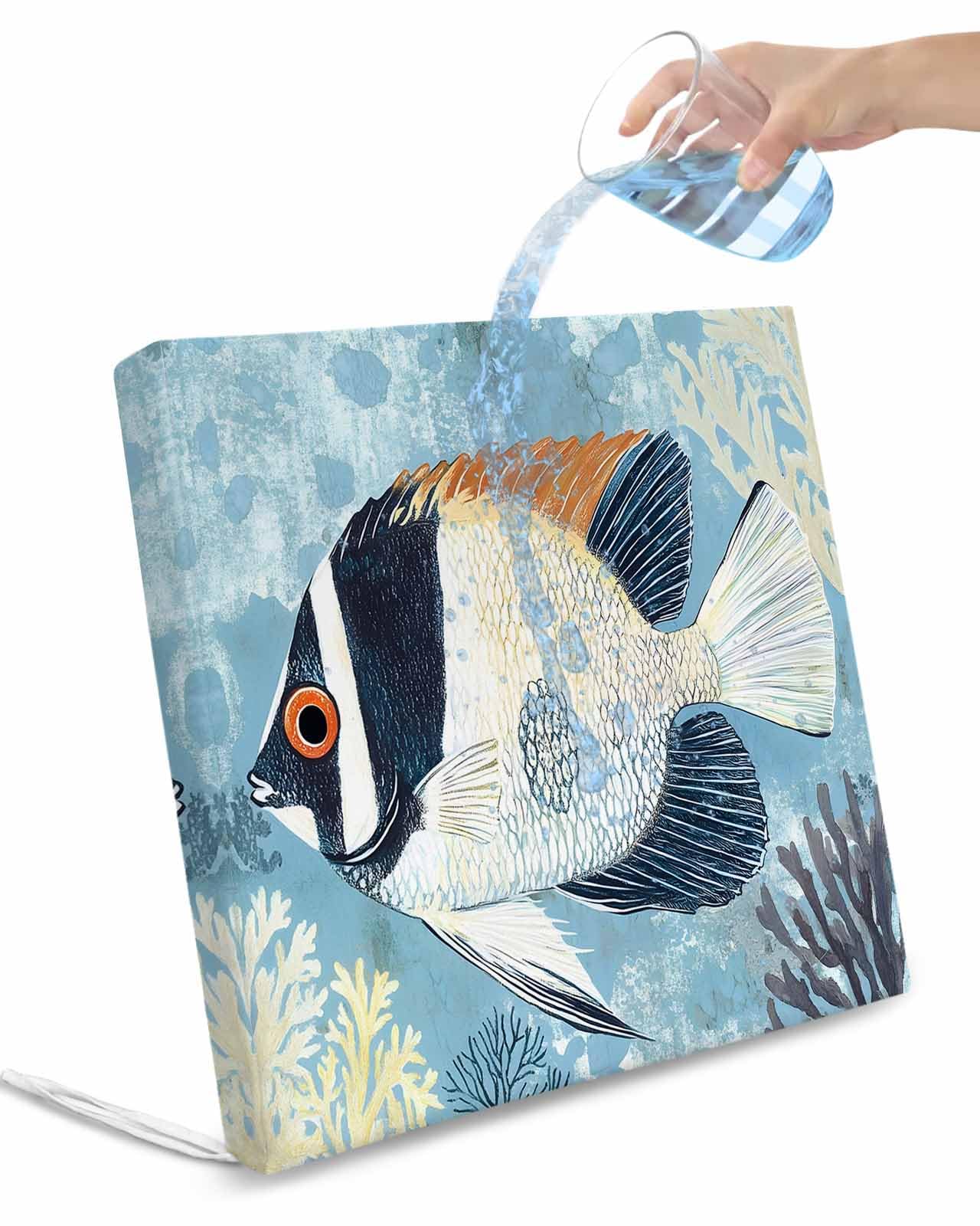 2 Pack Summer Coastal Waterproof Cushion Covers with Ties, Outdoor Patio Chaise Lounge Chair Seat Cushion Slip Covers Replacement(Only Cover) Vintage Ocean Watercolor Fish Coral 24