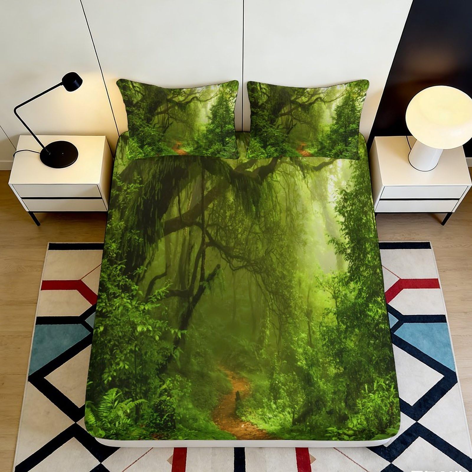 3D Printed Forest Canopy Fitted Sheet Microfiber Soft Breathable Jungle Mist Mattress Cover for Bedroom Dorm Decor 90x200x25cm