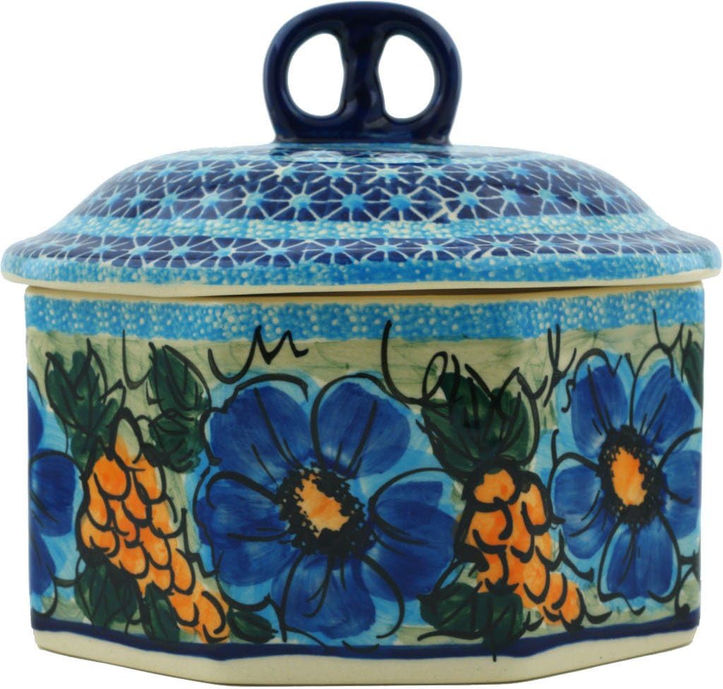 Polmedia Polish Pottery Jar with Lid UNIKAT - Corn In The Blue Pattern Handmade in Boleslawiec Poland + Certificate of Authenticity