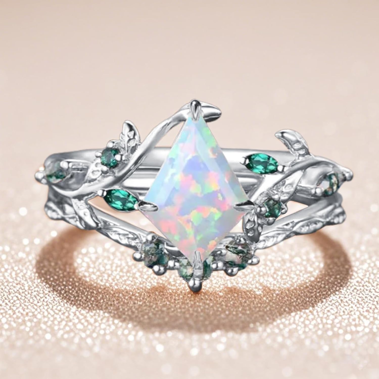 Personalized 1CT White Opal Engagement Ring Set for Women, 10K 14K 18K Solid Gold Leaf Vine Art Deco Wedding Ring Sets Bridal Promise Rings Gift for Her Bride Wife Mother