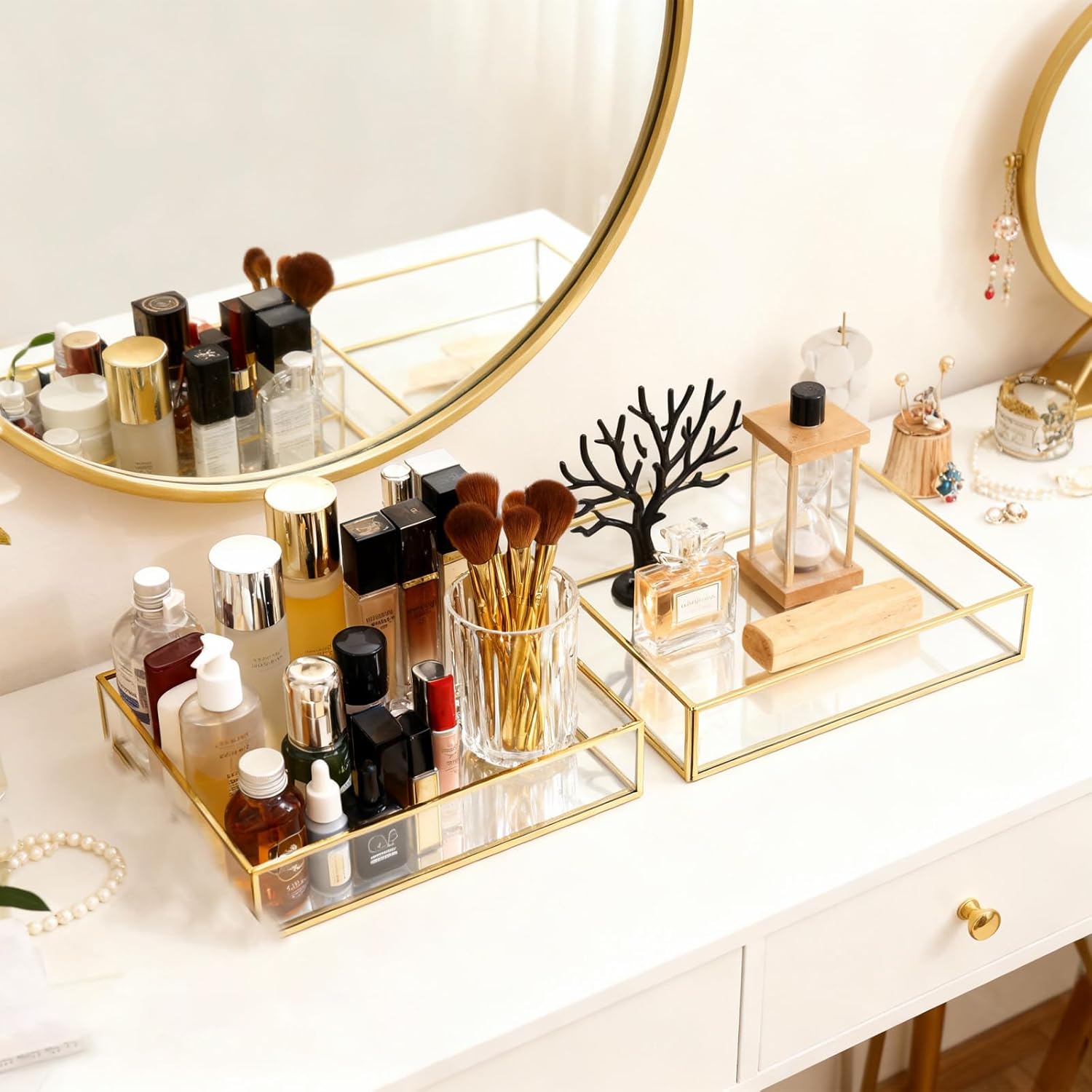 4 Pcs Mirror Tray Gold Rectangle Dresser Tray Metal Cosmetic Perfume Organizer for Vanity Bathroom Bedroom Dresser Hotel (4 Sizes)