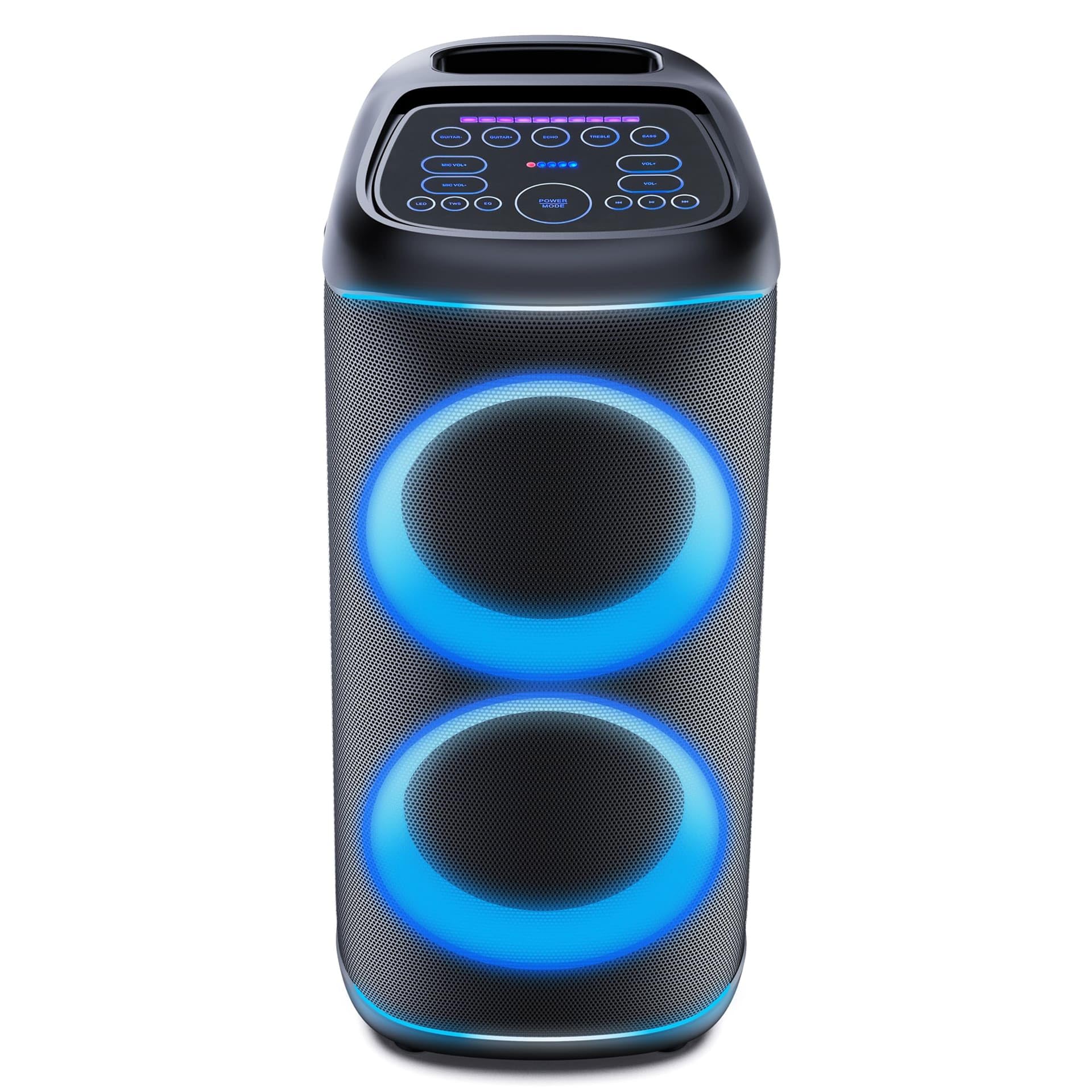 Denver BPS-470 - Bluetooth Party Lautsprecher Groß 2000W mit LED RGB Licht | 2x10 Zoll Woofer, Mikrofon & Fernbedienung, TWS Stereo-Paarung, AUX/USB/MicroSD, IPX4, 6000mAh Akku mit Rollen, 85 cm