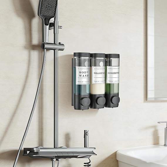 Cabo Deseado Shower Soap Dispenser No Drill Installation 3 Chamber Wall Mounted Black 3*300ml Shampoo Conditioner Body Wash Dispenser