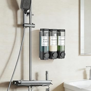 Cabo Deseado Shower Soap Dispenser No Drill Installation 3 Chamber Wall Mounted Black 3*300ml Shampoo Conditioner Body Wash Dispenser