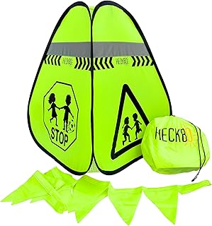 HECKBO 1x Pylone Achtung Kinder Schild spielende Pylonen Pylone + Wimpelkette - Kinder Straßenpylone Kinder Sicherheit Safety Pop Up Set