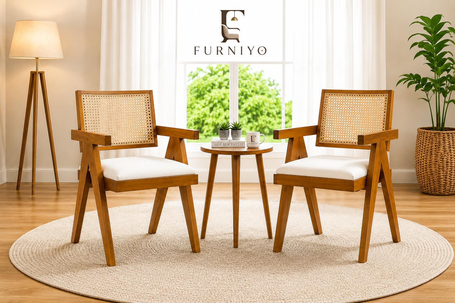 Wooden Cane Accent Chair Set of 2 | Solid Wood Armchairs with Handwoven Rattan Backrest & Cushioned Seat | Living Room, Bedroom, Balcony Furniture (2)-image-32