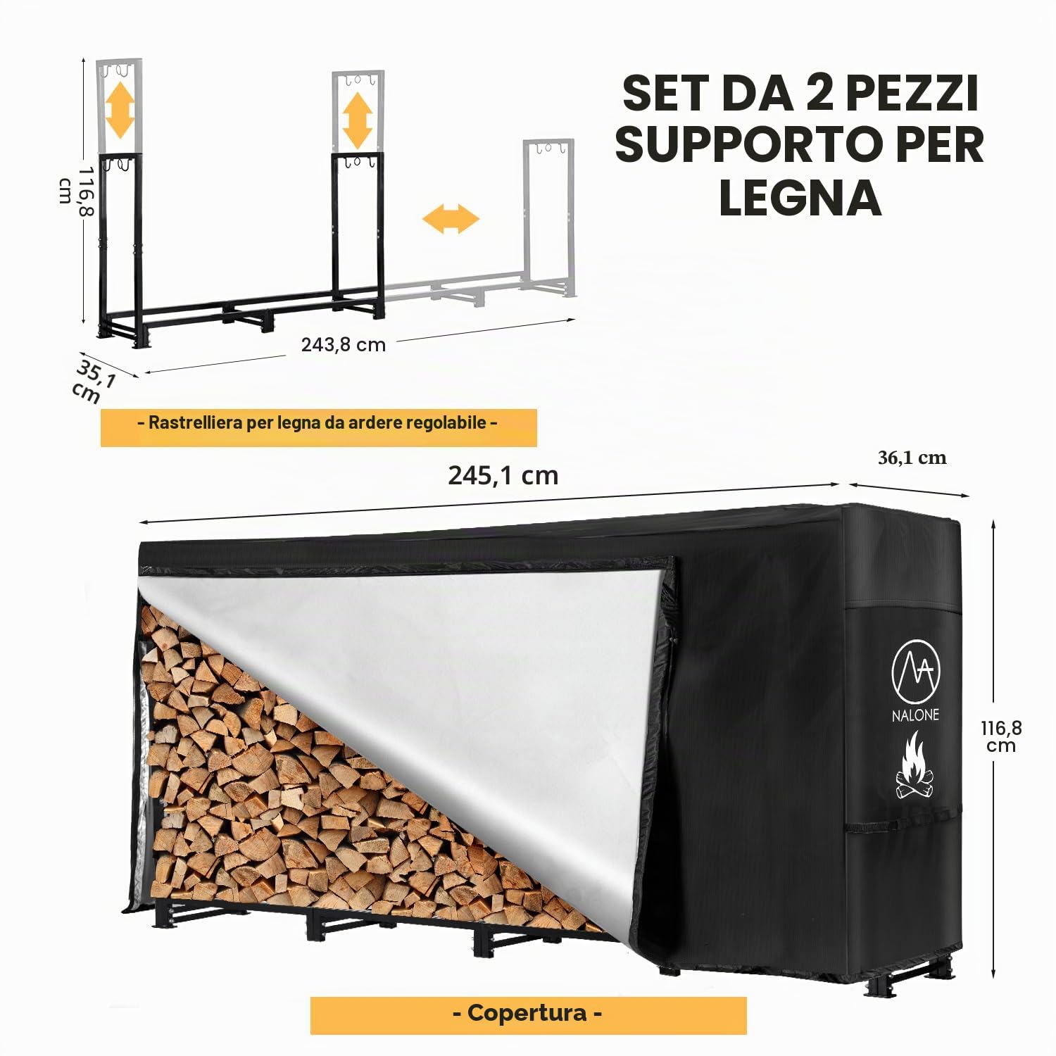 NALONE legnaia da con coperchio impermeabile e borsa da trasporto,portalegna da esterno Metallo 240 x 116.8 x 35.1 cm per lo stoccaggio del legno legnaia da esterno con copertura 8FT