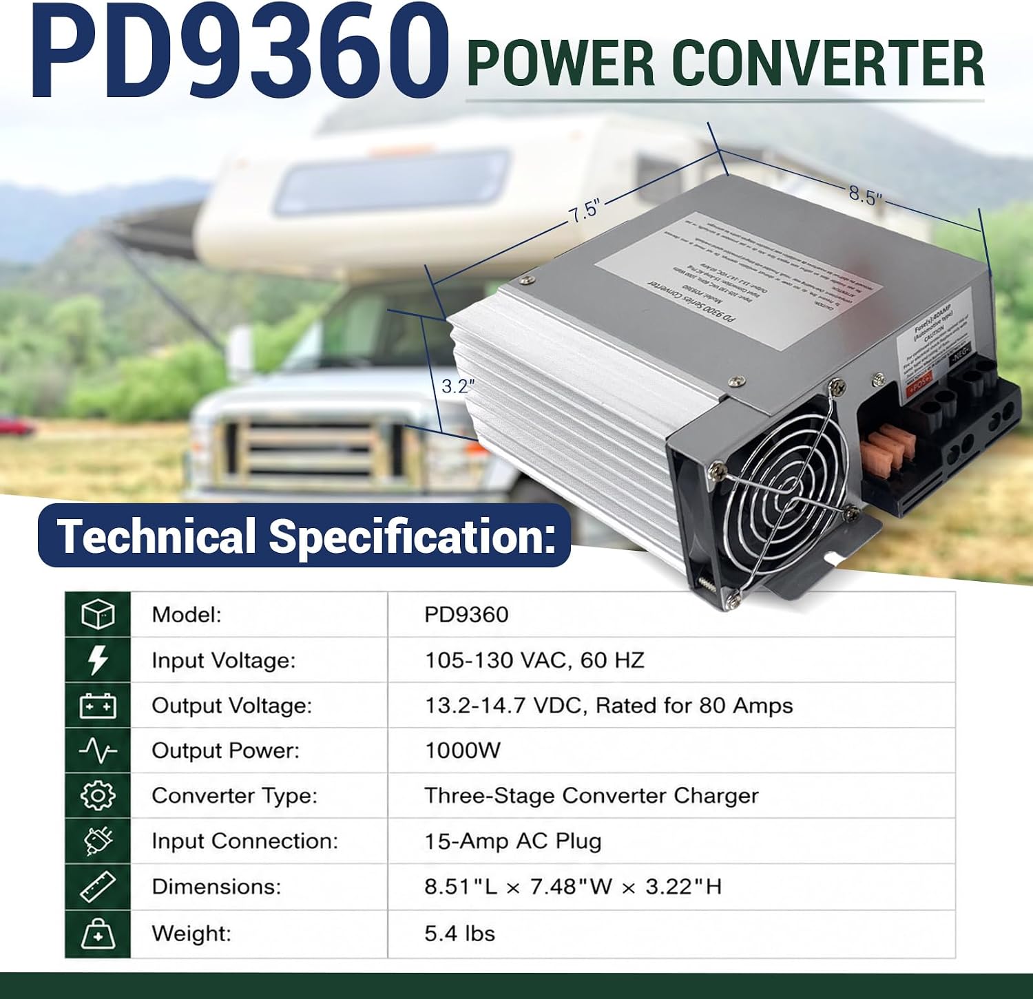 PD9360 60A RV Power Converter 120V to 12V Compatible with PD9300 Series | 1000W Charger Converter for RV Camper Trailer, 2.1 ft Cable, Smart Multi-Stage Charging, Built-in Protection System