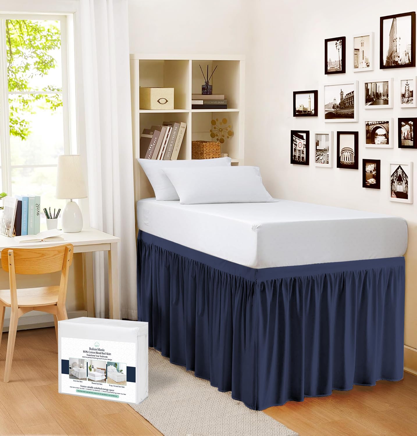 Bedszo Mania Navy Blue Solid Twin XL Dorm Bed Skirt, Ruffled Style, 39