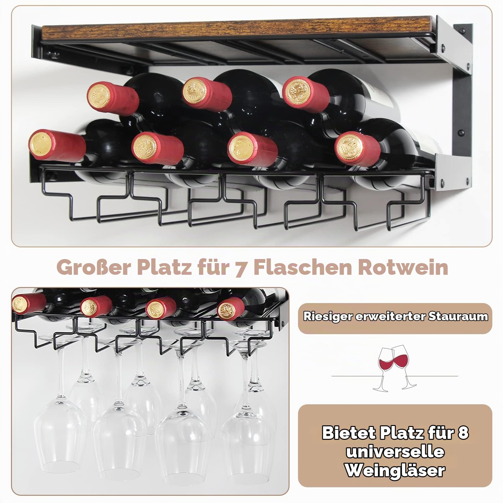B4Life Wandmontierte Weinregale，Weinglashalter Wandmontage mit Stemware Aufhänger Moderne Weindisplay Aufbewahrungshalter für Küche Esszimmer Bar-Hält 8 x Gläser und 7 x Weinflaschen