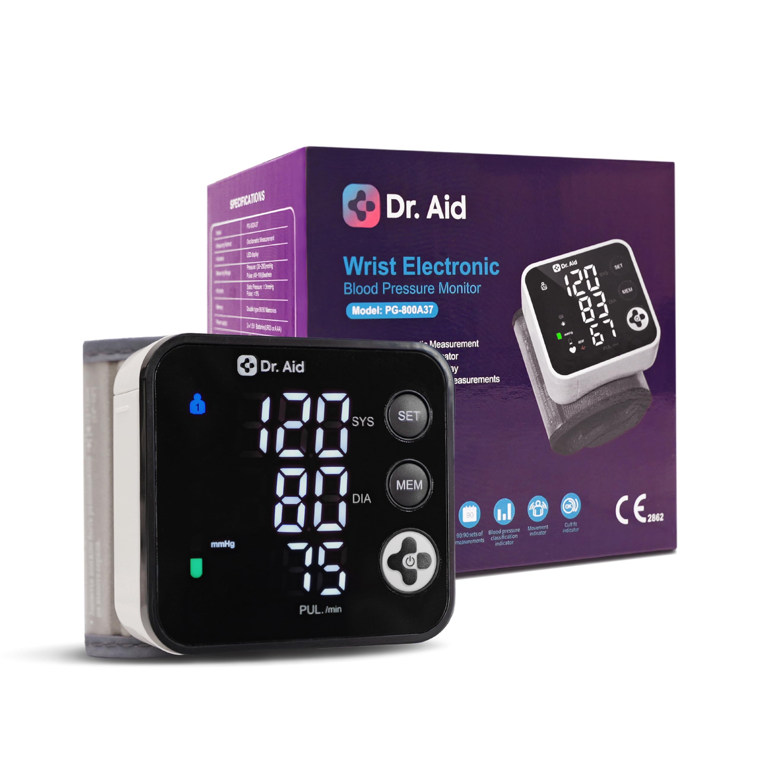 Dr. Aid Wrist Blood Pressure Monitor – Automatic Digital BP Monitor, Large LED Display, Dual-User Memory (90 Each), WHO Indicator, Movement & Cuff-Fit