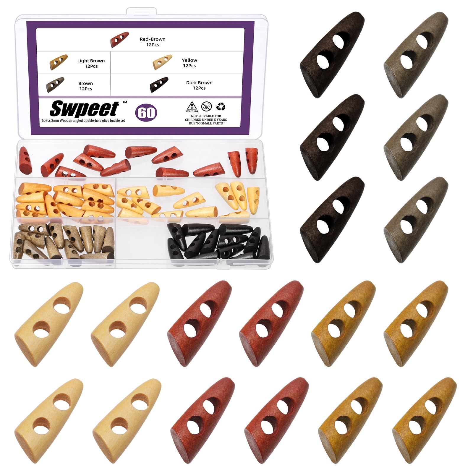 Swpeet 60Pcs 5 Colors 5mm Hole Wood Horn Toggle Buttons Assortment Kit, Horn Shape 2 Holes Toggle Button, Craft Wooden Sewing Buttons, DIY Accessories Vintage Olive Buckle for Clothing Scrapbooking
