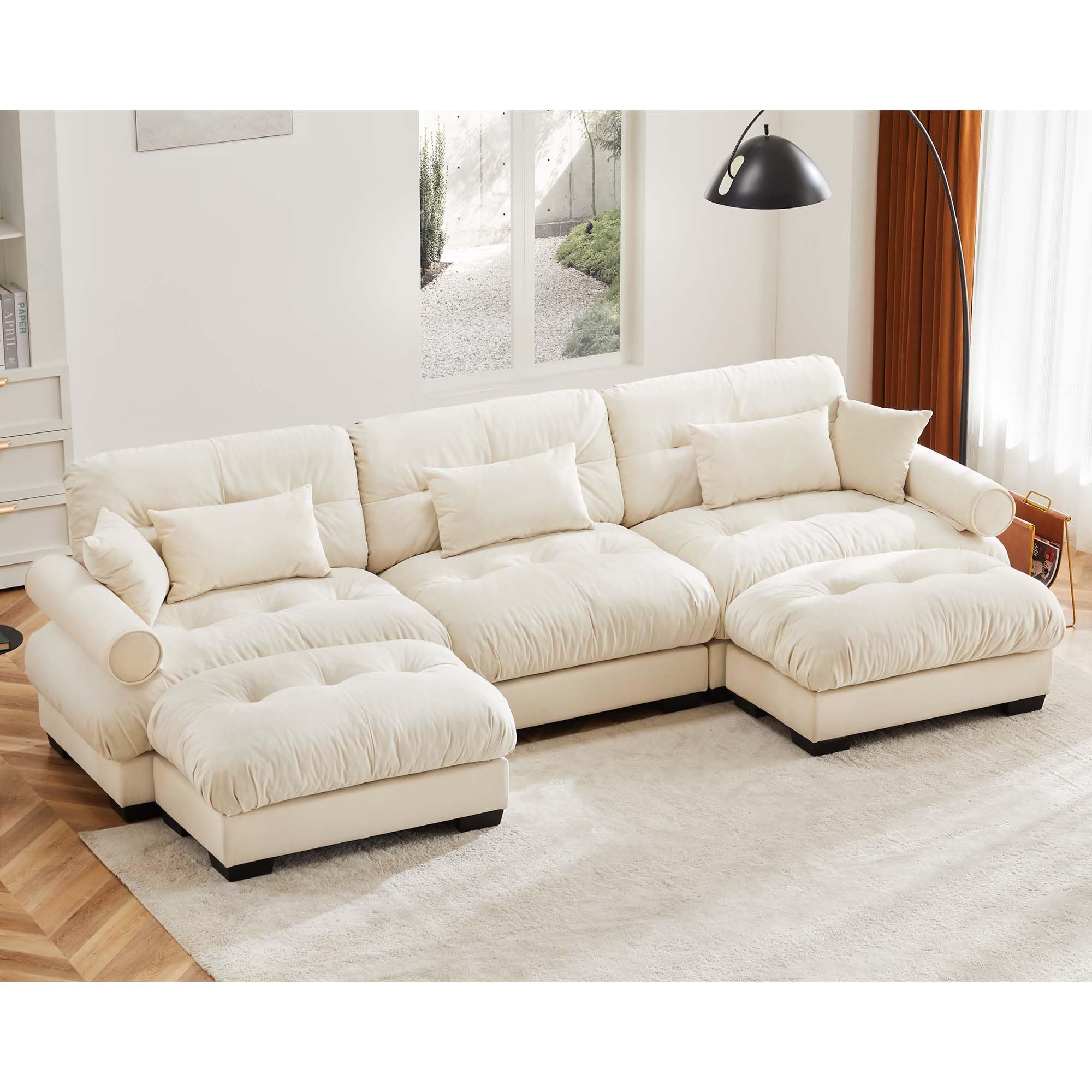 Ball &amp; Cast U Shaped Sectional Sofa,130" 3-Seater Cloud Couch with Waist Pillows,Throw Pillows and Blostered Armrests,Convertible Comfy Chenille Sofa w/Removable Ottomans,for Living Room,Cream