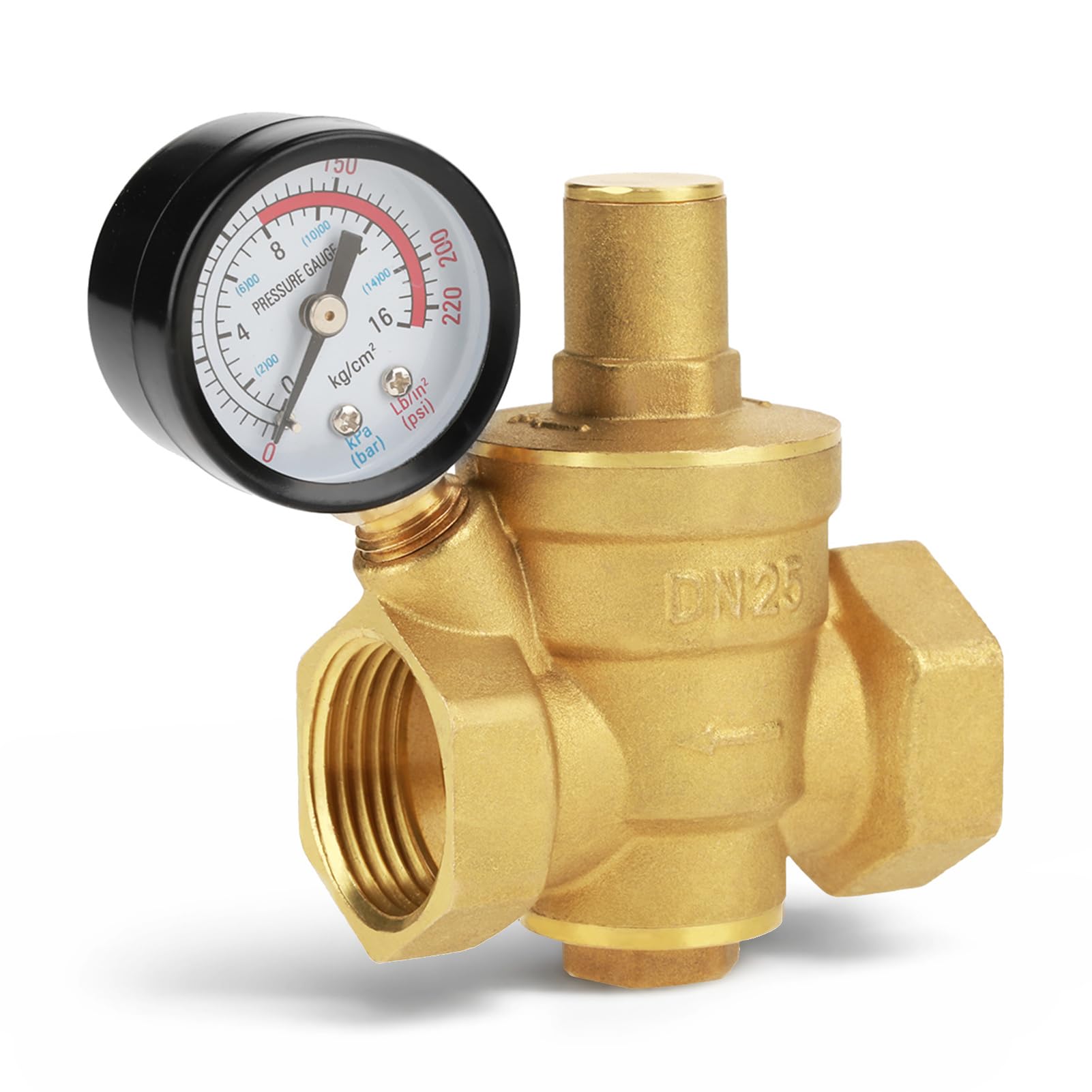 Keenso Shown As Picture Water Pressure Regulator, Durable Brass Adjustable Flow Control Pressure Reducing Valve Dn25 1 Inch With Gauge For Home Garden Irrigation Systems Residential Plumbing Households